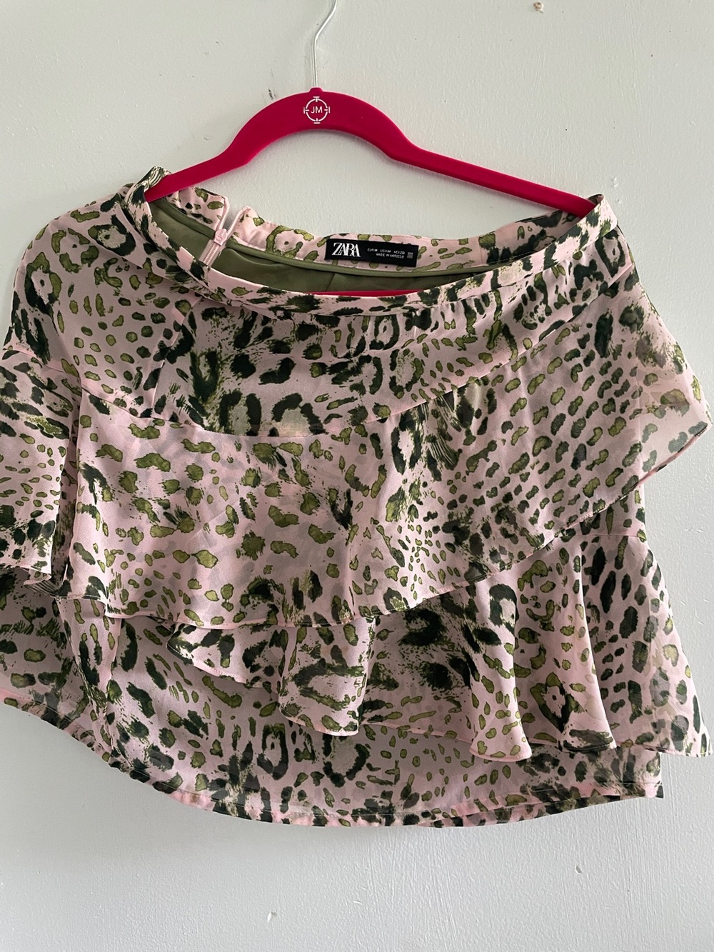 Zara Pink & Olive Animal-Print Ruffle Blouse
